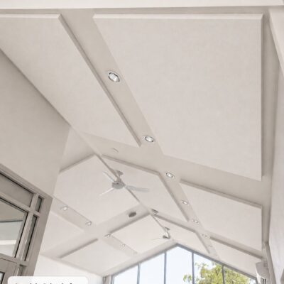 Autex QuietSpace 50mm Nude White acoustic ceiling panels in the vaulted hall at Attadale School of Early Learning