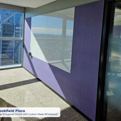 Woven Image Echopanel Orchid acoustic wall panels with a custom made whiteboard in a meeting room at BHP Brookfield Place, Perth