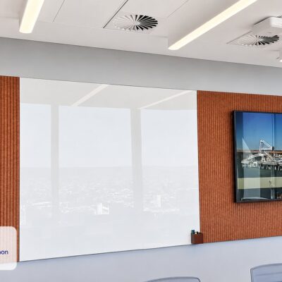 Woven Image Pico Embossed Cinnamon acoustic wall panels flanking a custom made whiteboard in a boardroom at BHP Brookfield Place, Perth
