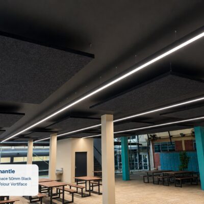 Suspended Autex QuietSpace 50mm Black acoustic panels with Empire Velour VertiFace in the undercroft at CBC Fremantle