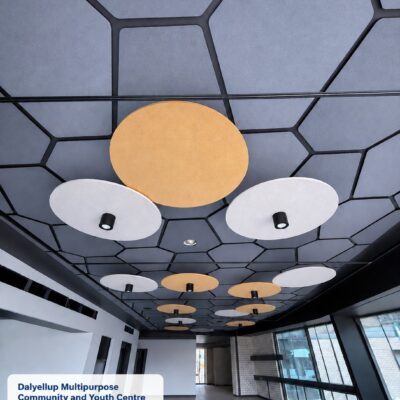 Autex QuietSpace 50mm Black hexagon ceiling panels with 24mm Horizon Beehive and Opera discs at Dalyellup Multipurpose Community and Youth Centre