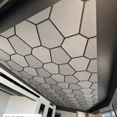 Custom hexagon acoustic ceiling panels in Autex QuietSpace 50mm Black with Petronas Vertiface at Dalyellup Multipurpose Community and Youth Centre