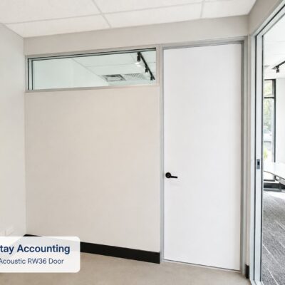 White custom acoustic RW36 office door with highlight window at Mainstay Accounting, Perth