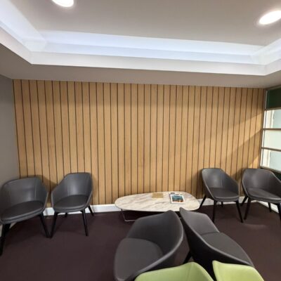 Mardaa 12mm AT Cube timber acoustic slat wall panels in a waiting room at a Perth practice