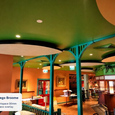Autex QuietSpace 50mm acoustic ceiling discs with VertiFace overlay at Papa Fuego restaurant, Broome