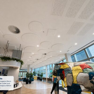 Autex QuietSpace 25mm Nude White circle and 50mm rectangle acoustic ceiling panels in the RAC Cafe foyer, Perth