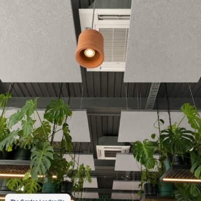 Suspended Autex QuietSpace 50mm Nude Grey acoustic ceiling rafts at The Garden Leederville