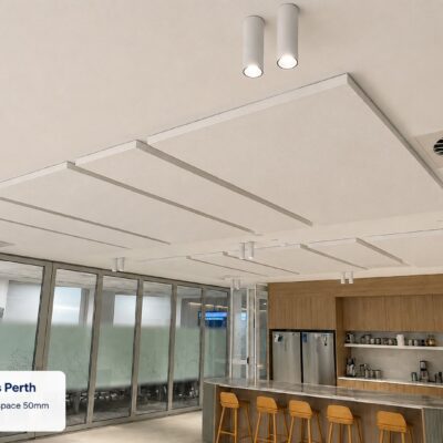 Autex QuietSpace 50mm Nude White acoustic ceiling panels above the office kitchen at Veritruss Perth